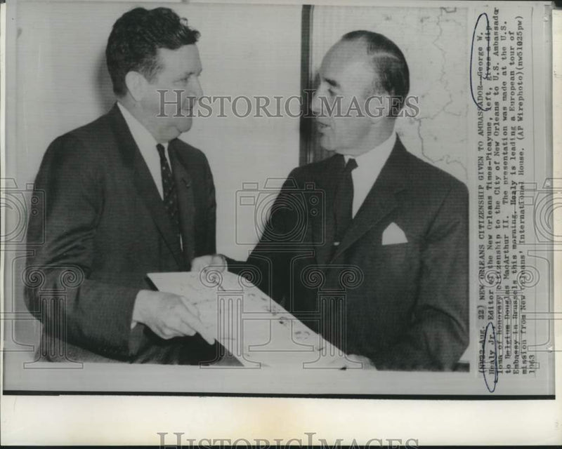 Load image into Gallery viewer, 1963 Press Photo George Healy &amp; Douglas MacArthur II at US Embassy in Brussels
