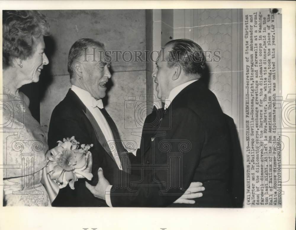 1960 Press Photo State Secretary &amp; Mrs. Herter greet Dr. Sevilla-Sacasa at event