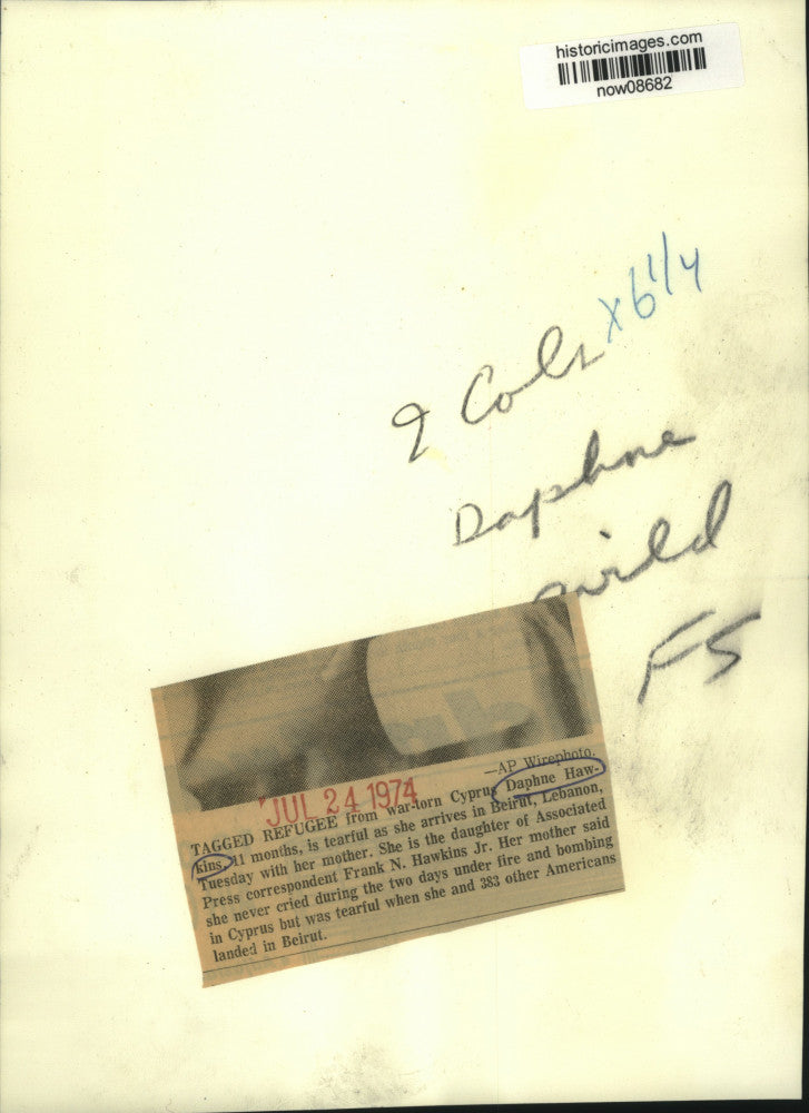 1974 Press Photo Cyprus refugee Daphne Hawkins, AP correspondent's daughter