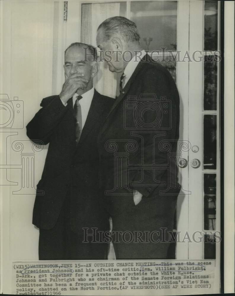 Load image into Gallery viewer, 1966 Press Photo President Johnson and Sen.Fulbright, D-AR, chat at White House
