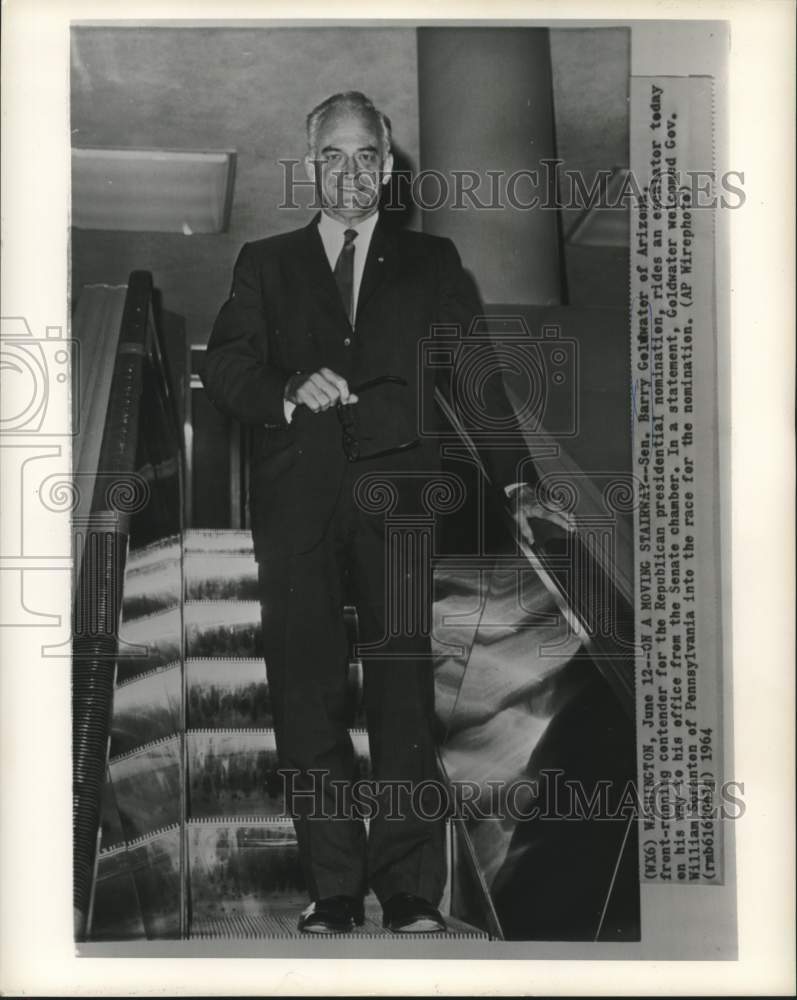 1964 Press Photo Senator Barry Goldwater rides elevator in Capitol Building