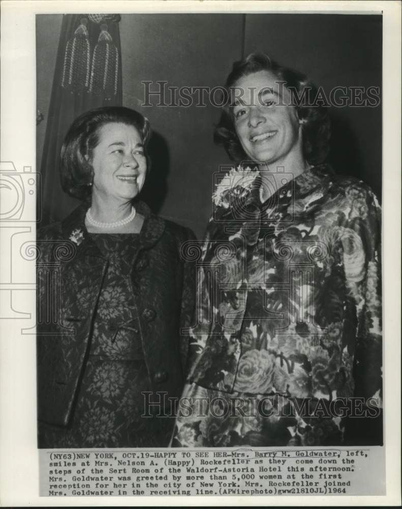 Load image into Gallery viewer, 1964 Press Photo Mrs. Goldwater &amp; Mrs. Rockefeller at Waldorf-Astoria in NY
