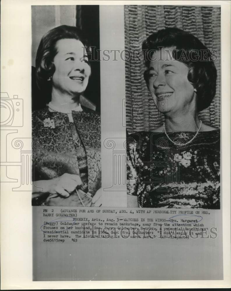 1963 Press Photo Mrs. Peggy Goldwater remains backstage, away from attention