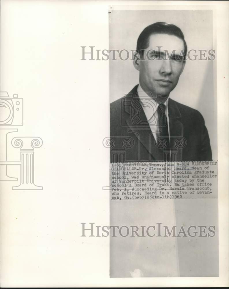 1962 Press Photo Dr. Alexander Heard elected Chancellor of Vanderbilt University