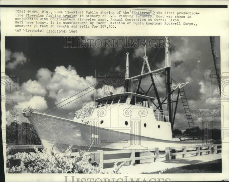 Load image into Gallery viewer, 1969 Press Photo Hatteras, first production-line Fiberglass fishing trawler
