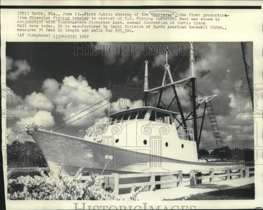 1969 Press Photo Hatteras, first production-line Fiberglass fishing trawler
