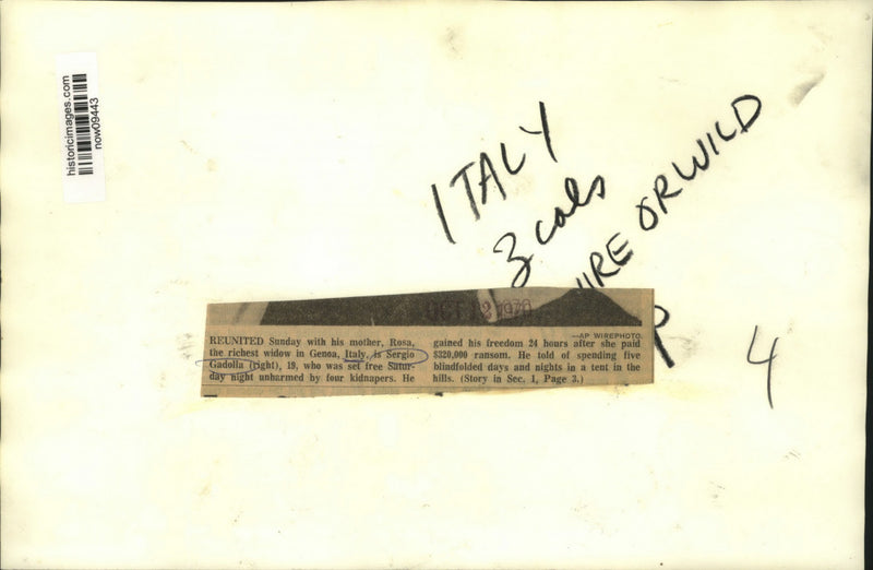 Load image into Gallery viewer, 1970 Press Photo Released kidnap victim Sergio Gadolla &amp; mother, Rosa, reunited
