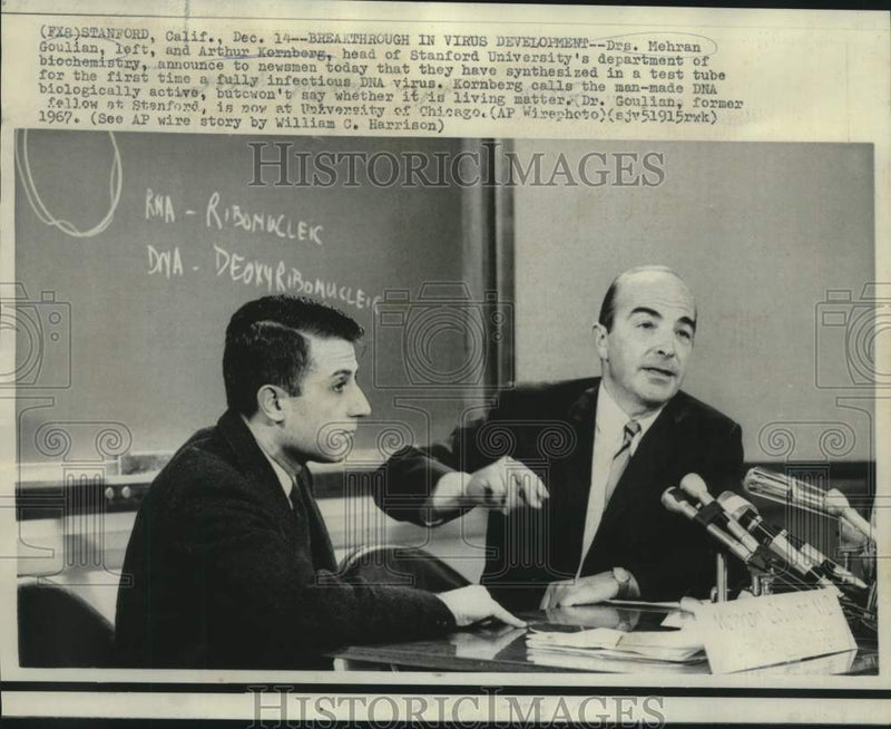 Load image into Gallery viewer, 1967 Press Photo Drs. Mehran Goulian &amp; Arthur Kernberg of Stanford with press
