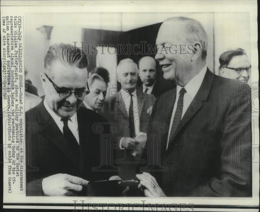1968 Press Photo William Foster shows holiday card at Geneva disarmament talks