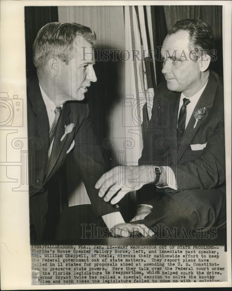 Load image into Gallery viewer, 1963 Press Photo Florida House Speaker Mallory Horne &amp; Rep. Chappell chat
