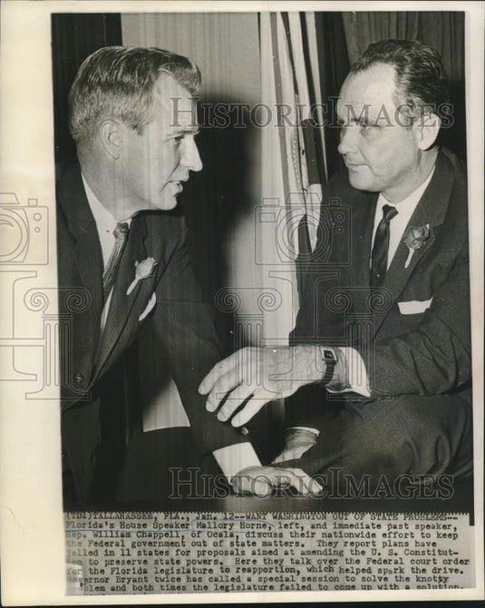 1963 Press Photo Florida House Speaker Mallory Horne & Rep. Chappell chat