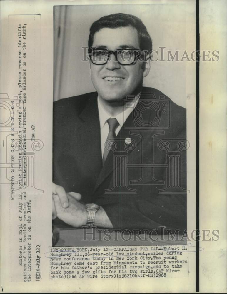 Load image into Gallery viewer, 1968 Press Photo Hubert Humphrey III, son of candidate Hubert Humphrey.

