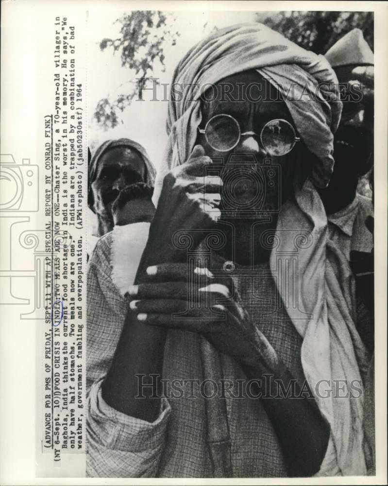 1964 Press Photo Chater Sing, Baghola villager speaks of food shortage in India