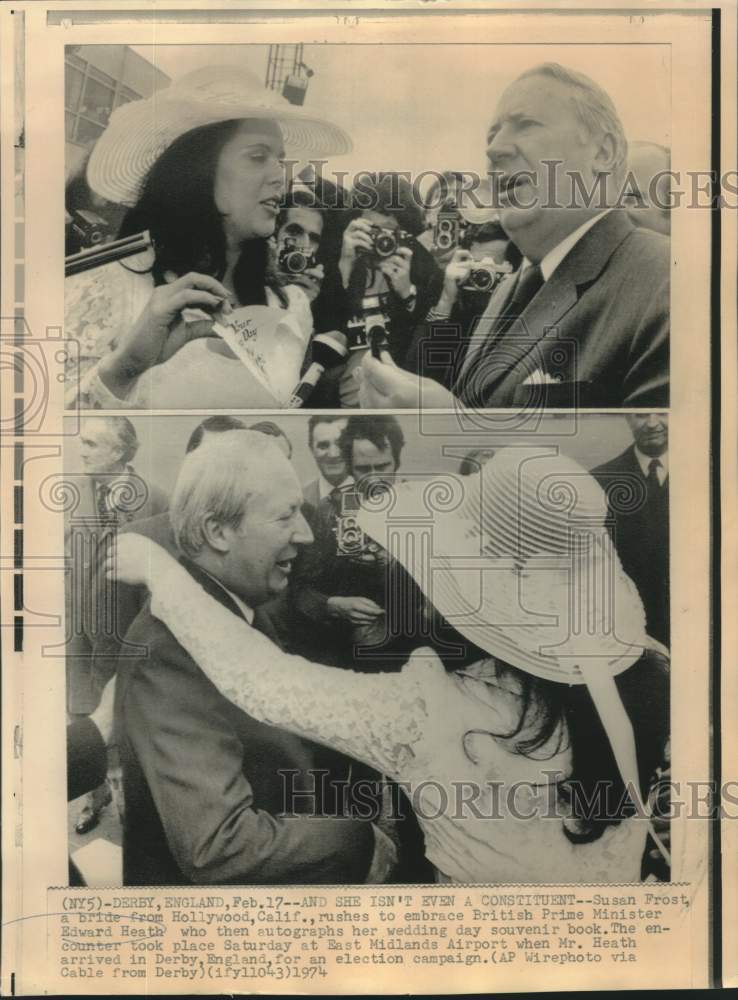 Load image into Gallery viewer, 1974 Press Photo Susan Frost of California gets Edward Heath's autograph.
