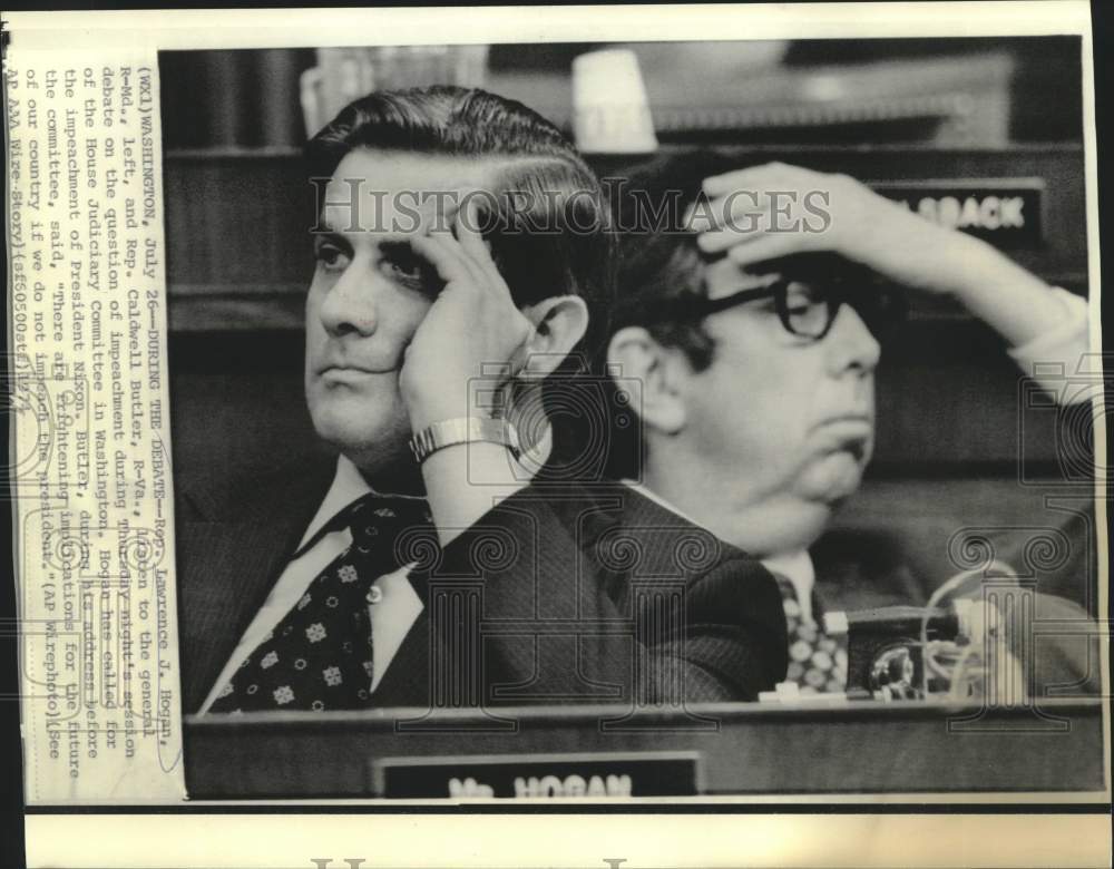 1971 Press Photo Representatives Lawrence Hogan and Butler debate impeachment
