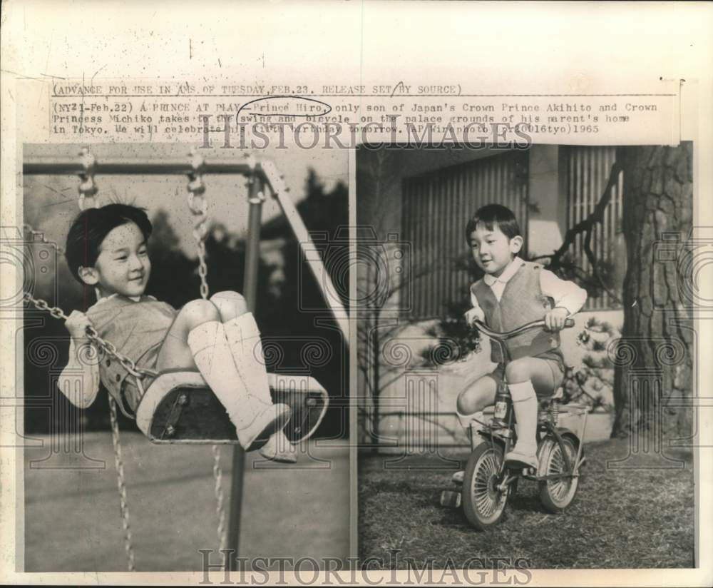 1965 Press Photo Prince Hiro plays on swing and bicycle on Tokyo palace grounds