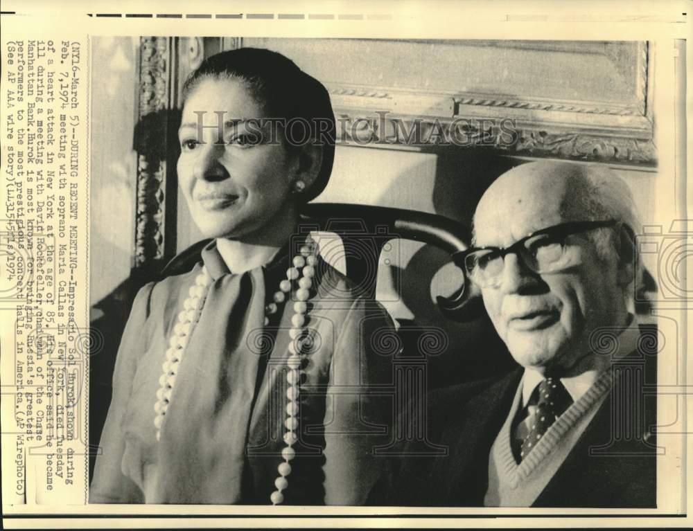 1974 Press Photo Impresario Sol Hurok with soprano Maria Callas in New York