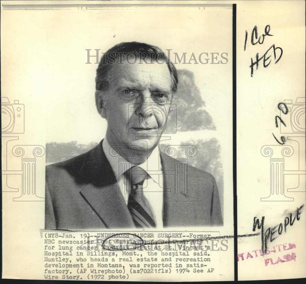 1972 Press Photo Former NBC newscaster Chet Huntley undergoes cancer surgery