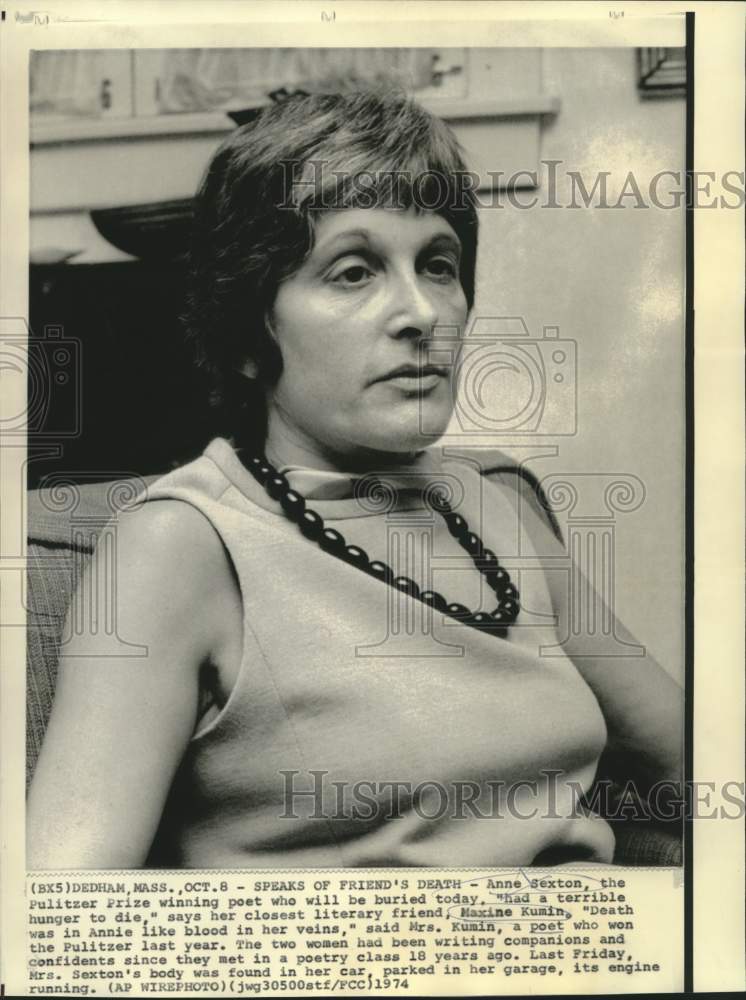 1974 Press Photo Maxine Kumin, Pulitzer Prize poet, speaks of friend&#39;s death.