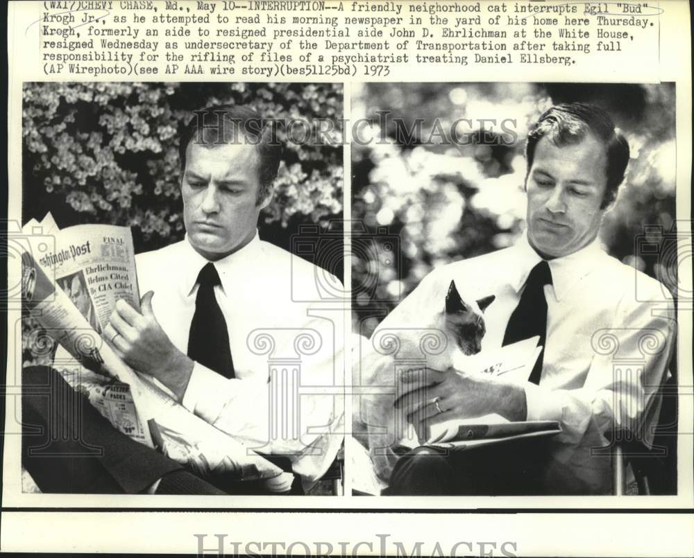 1973 Press Photo Neighborhood cat interrupts Egil Krogh&#39;s newspaper reading