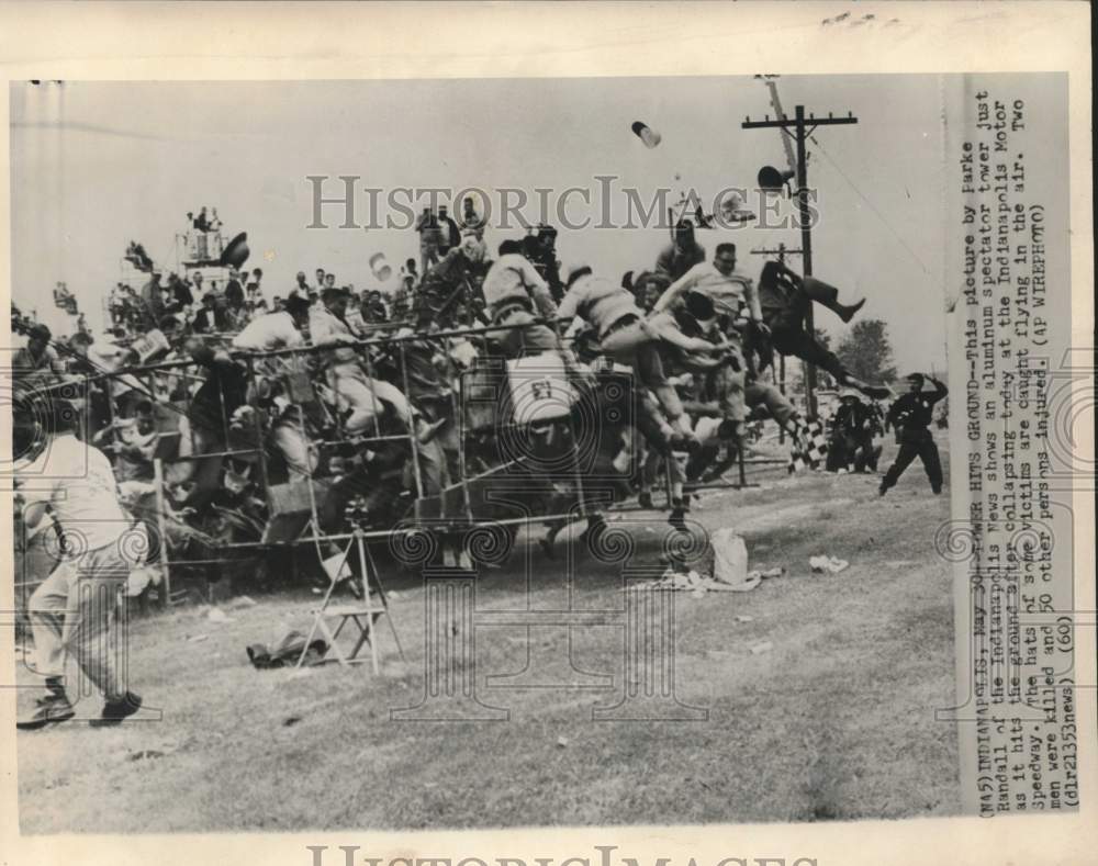 1960 Press Photo Collapsing Indianapolis Speedway spectator tower. - now13890