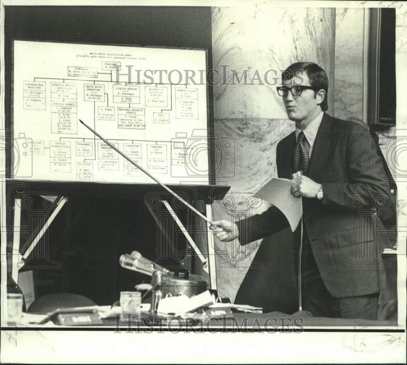 Load image into Gallery viewer, 1973 Press Photo Bruce Kehrli followed Odle to stand and points to chart.
