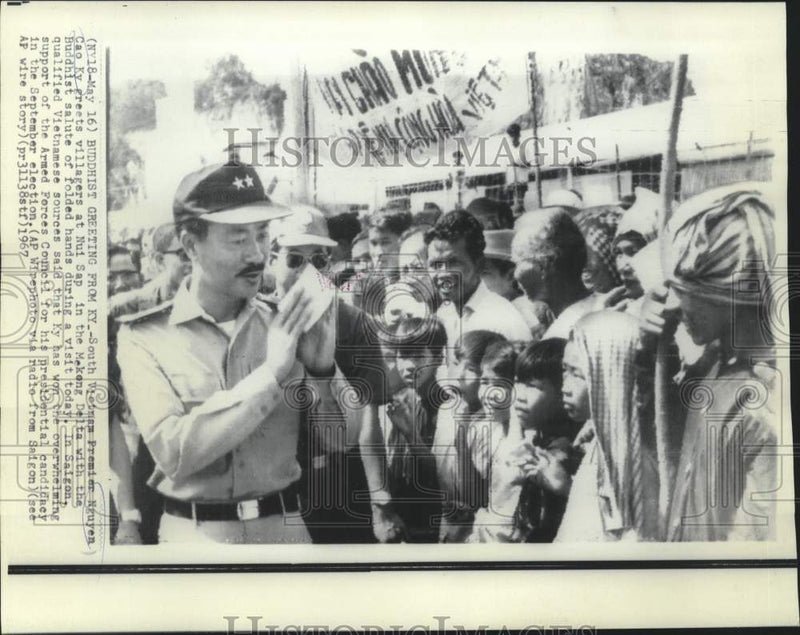 Load image into Gallery viewer, 1967 Press Photo Buddhist greeting from Nguyen Cao Ky in Nui Sap in Mekong Delta
