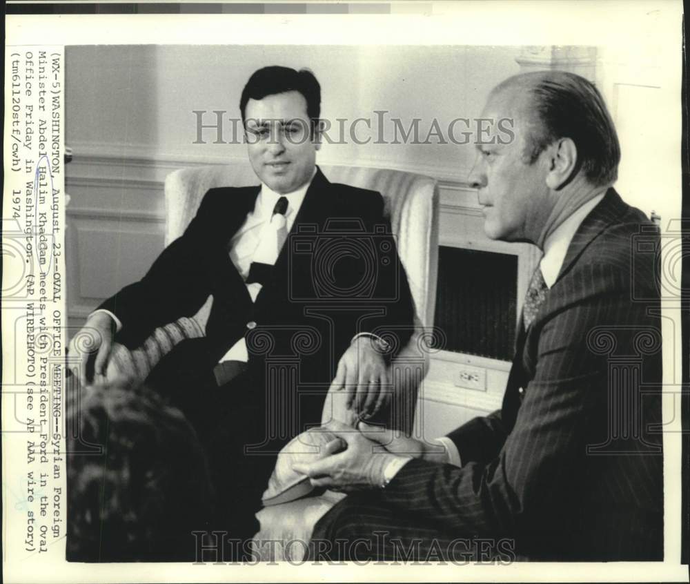 1974 Press Photo Syria&#39;s Khaddan and President Ford in Oval Office - now14114