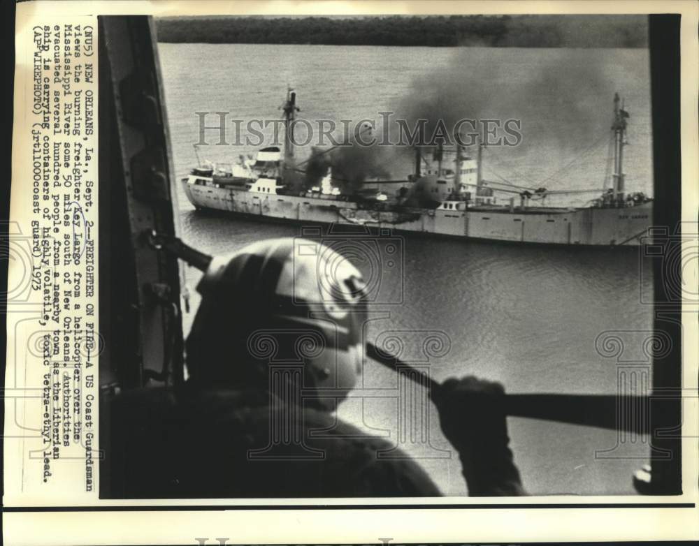 1973 Press Photo US Coast Guardsman views burning freighter Key Largo