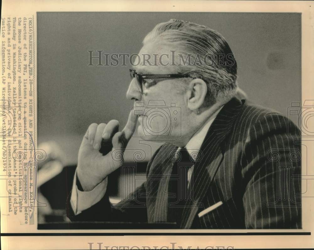 1974 Press Photo FBI Director Clarence Kelley listens at House Judiciary hearing
