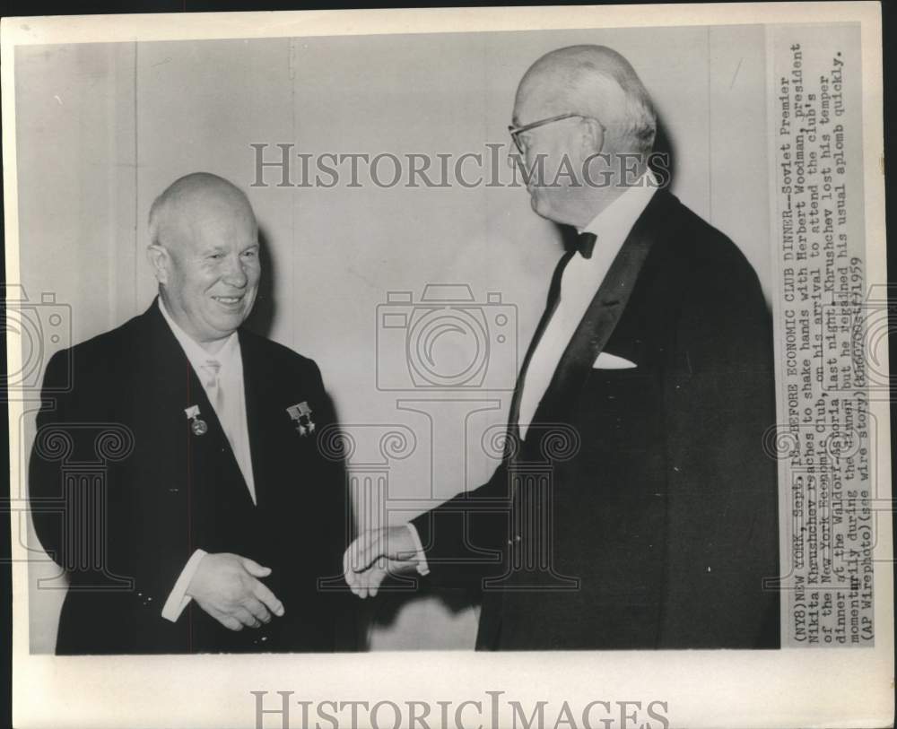 1959 Press Photo Soviet Premier Khrushchev greets Herbert Woodman in New York.