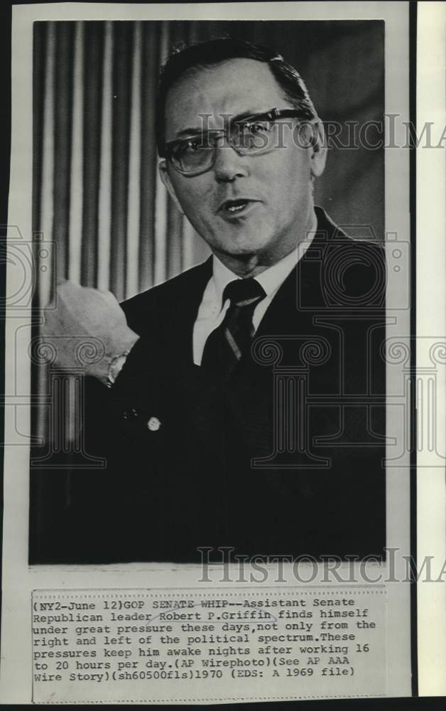Load image into Gallery viewer, 1969 Press Photo Senate Whip, Assistant Senate Republican Robert P. Griffin.
