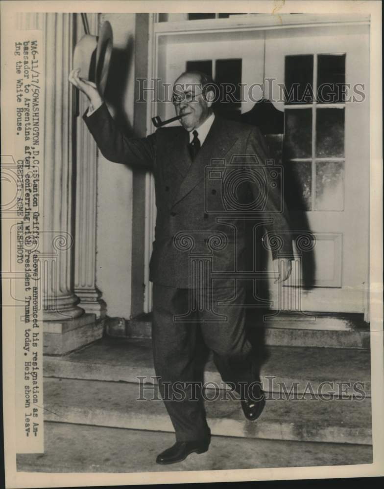 Load image into Gallery viewer, 1950 Press Photo Ambassador Stanton Griffis leaves White House after resignation
