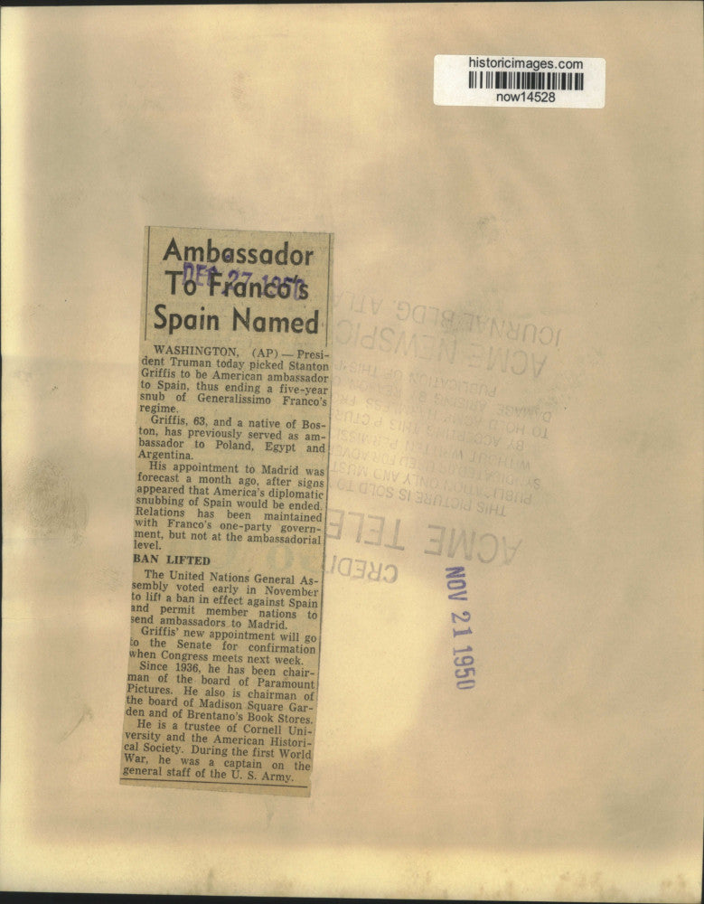 1950 Press Photo Ambassador Stanton Griffis leaves White House after resignation