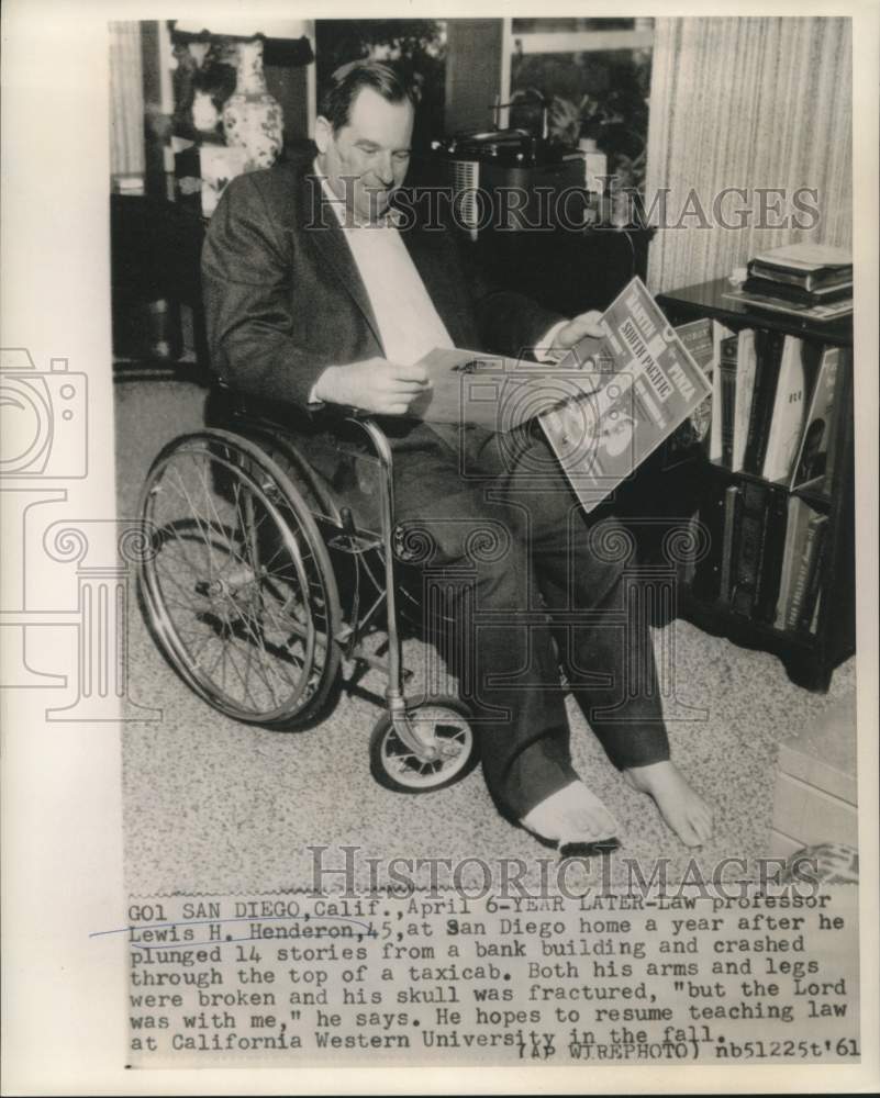 1961 Press Photo Lewis H. Henderson, survivor of 14 story fall in California