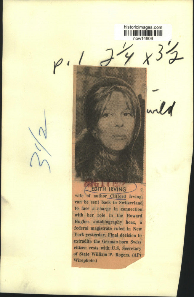 1972 Press Photo Edith Irving, wife of Clifford Irving, faces extradition