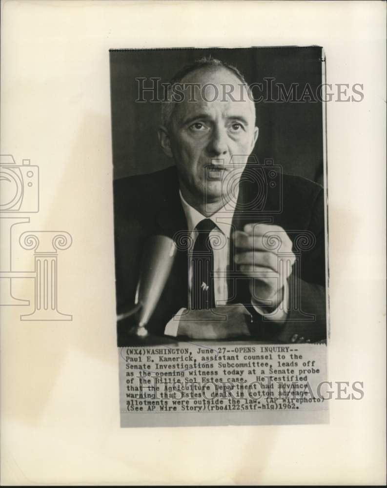 1962 Press Photo Billie Sol Estes Senate probe witness Paul E. Kamerick.