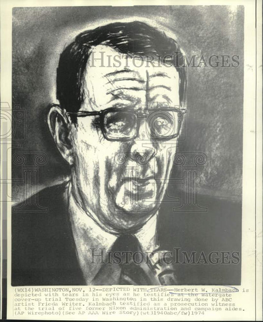 1974 Press Photo Artist Frieda Writer's drawing of Herbert Kalmbach testifying.