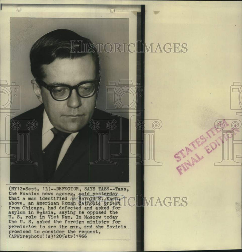 Load image into Gallery viewer, 1966 Press Photo Tass news agency said Harold Koch defected to Russia.
