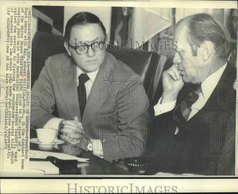 Load image into Gallery viewer, 1975 Press Photo President Ford chats with Senator Griffin in Cabinet Room
