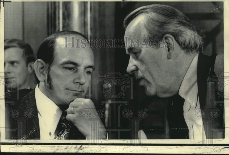 Load image into Gallery viewer, 1973 Press Photo Senators Bennett Johnston and Jackson at senate hearings
