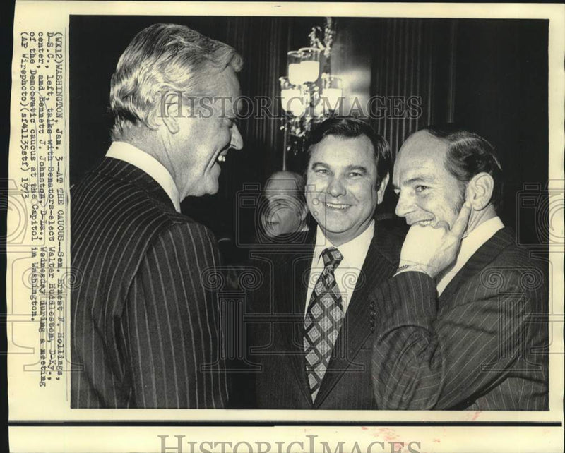 Load image into Gallery viewer, 1973 Press Photo Senator-elect Johnston and others at Democratic caucus
