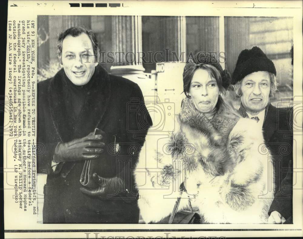 1972 Press Photo Clifford and Edith Irving with attorney Lorber at federal court