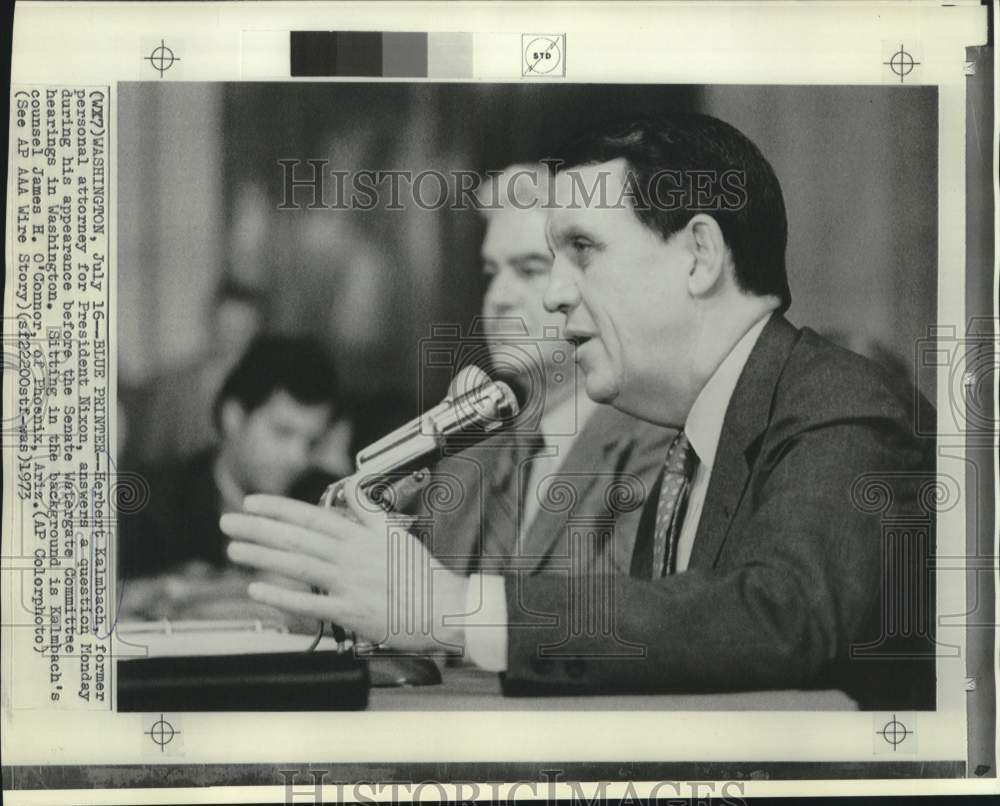 1973 Press Photo Herbert Kalmbach with attorney appears at Watergate hearing