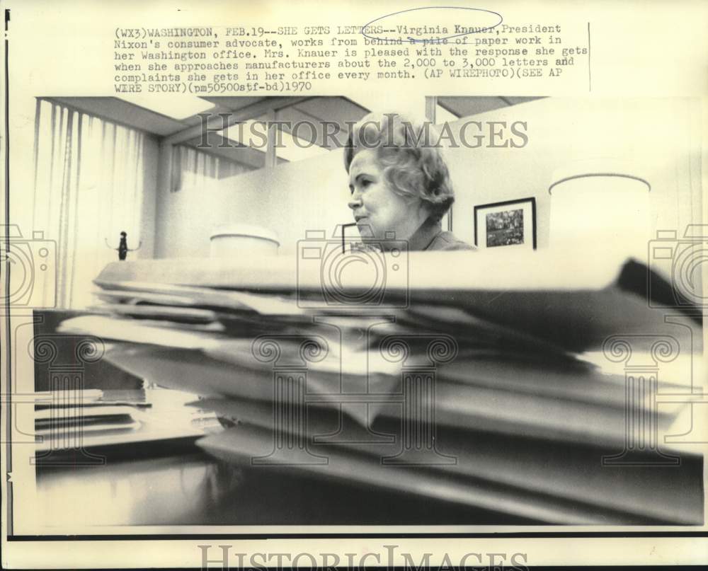 1970 Press Photo Consumer Advocate Virginia Knauer behind piles of paper work