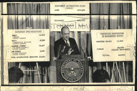 1969 Press Photo Defense Secretary Laird discusses troop reduction with press
