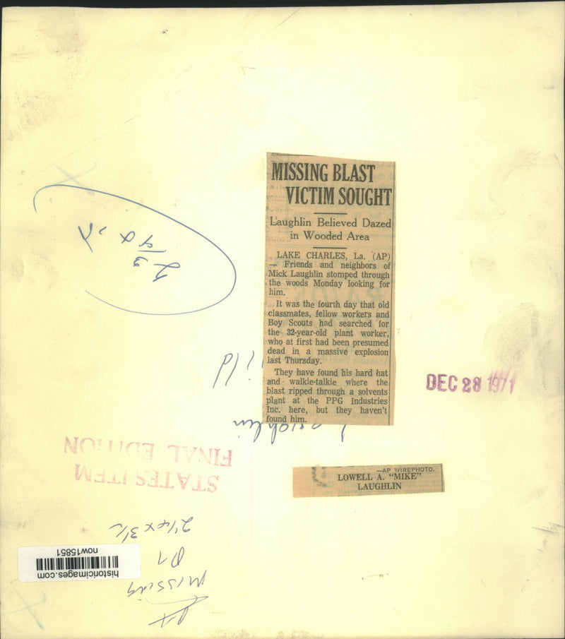 Load image into Gallery viewer, 1971 Press Photo Lowell "Mike" Laughlin, missing PPG blast victim sought in LA
