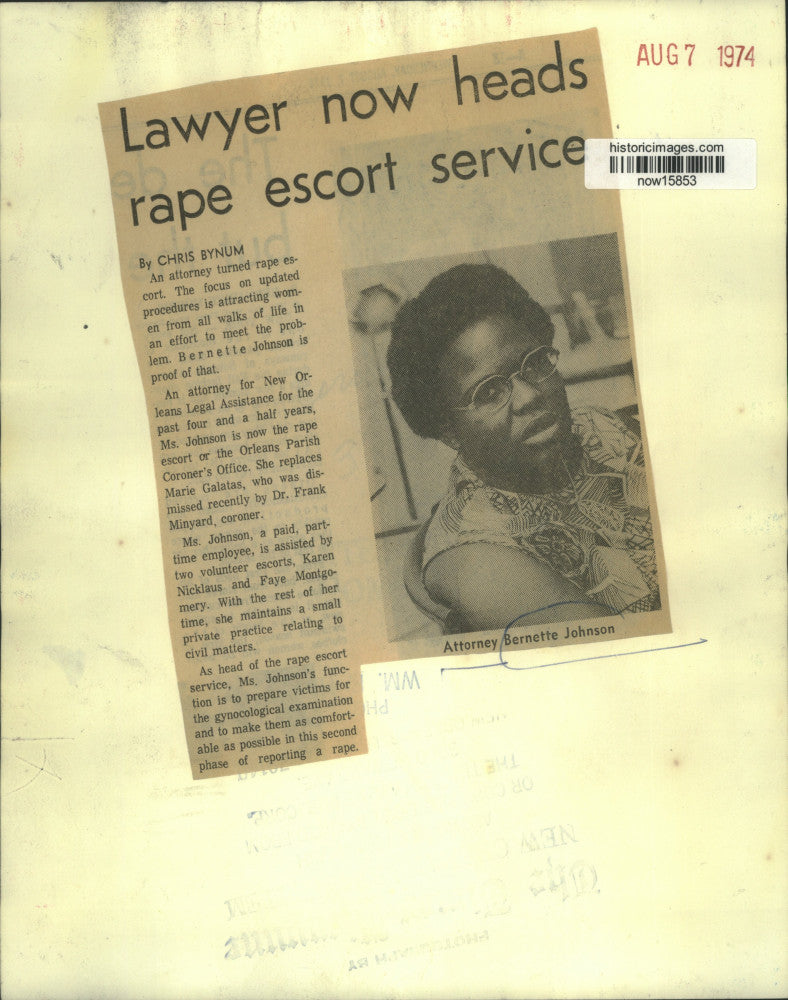 1974 Press Photo Bernette Johnson, lawyer, now heads rape escort service