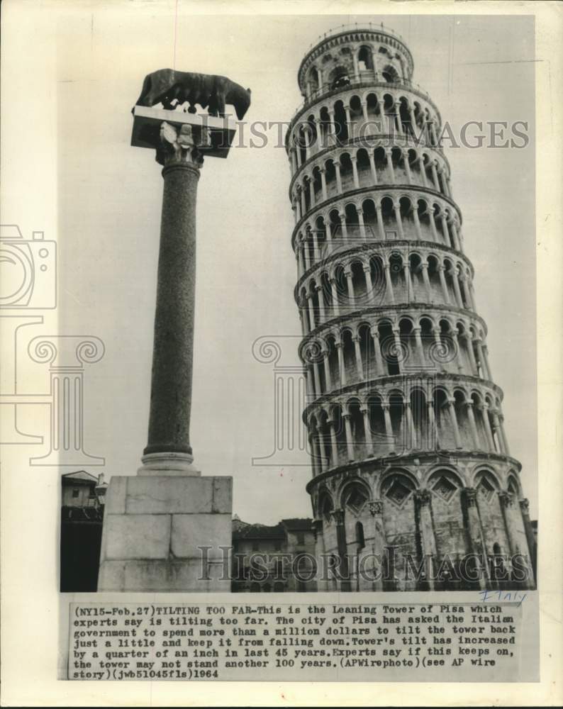 1964 Press Photo Leaning tower of Pisa is tilting a little too far. - now15906