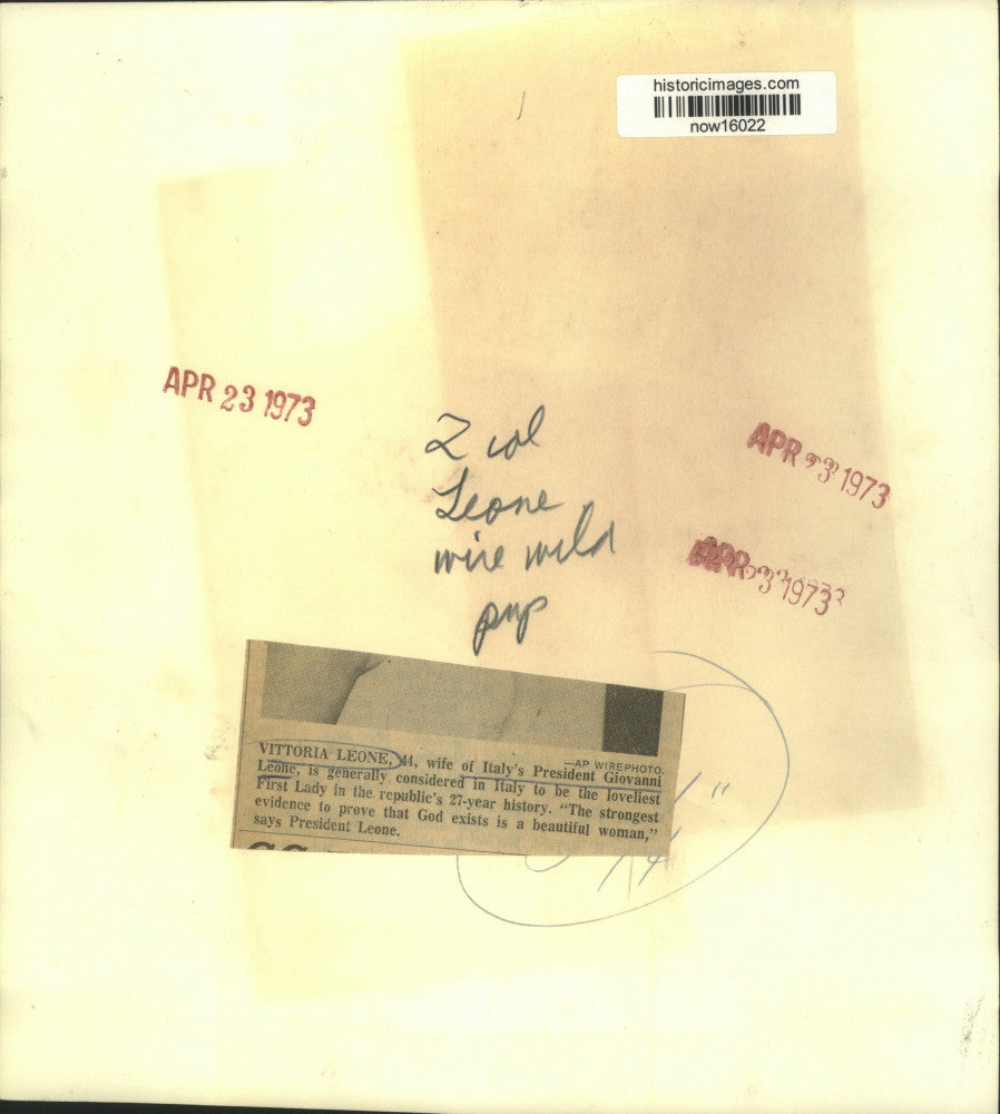 1973 Press Photo Italy's First Lady Vittoria Leone, wife of President Leone.